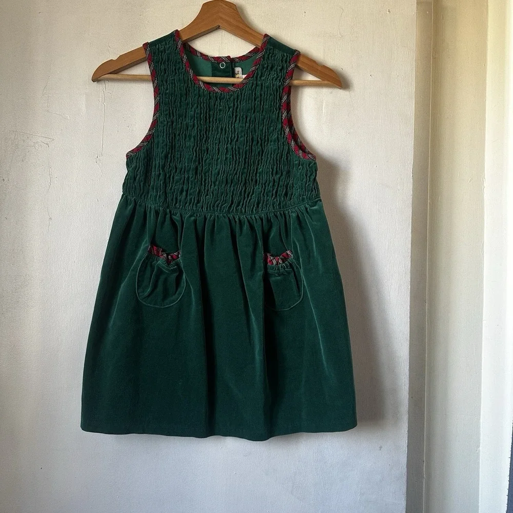 Vintage Gymboree 90's Girl's Green 100% Cotton Dress Plaid Trim Pockets XX-Large